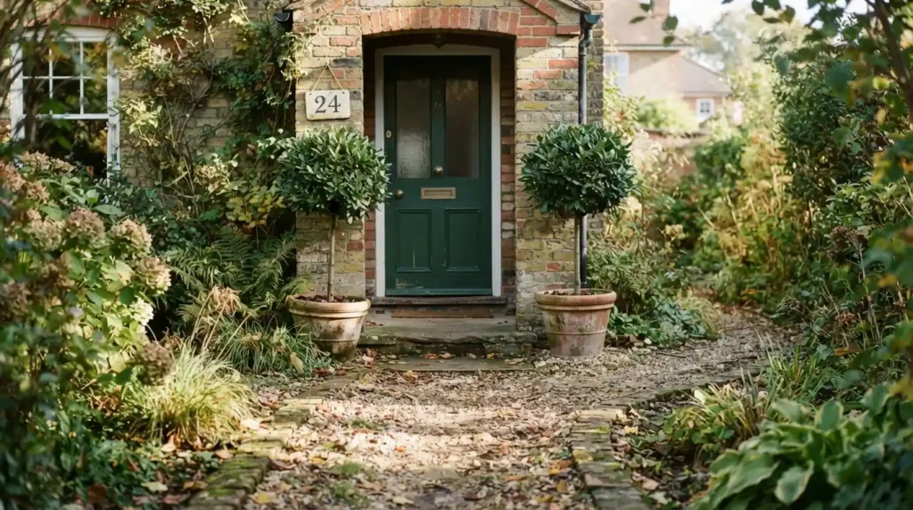 Front garden ideas showing a painted front door with symmetrical topiary either side