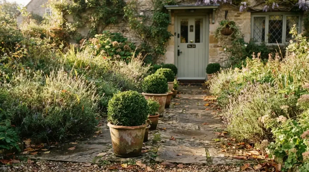 Front garden planting ideas with symmetrical clipped shrubs either side of the door
