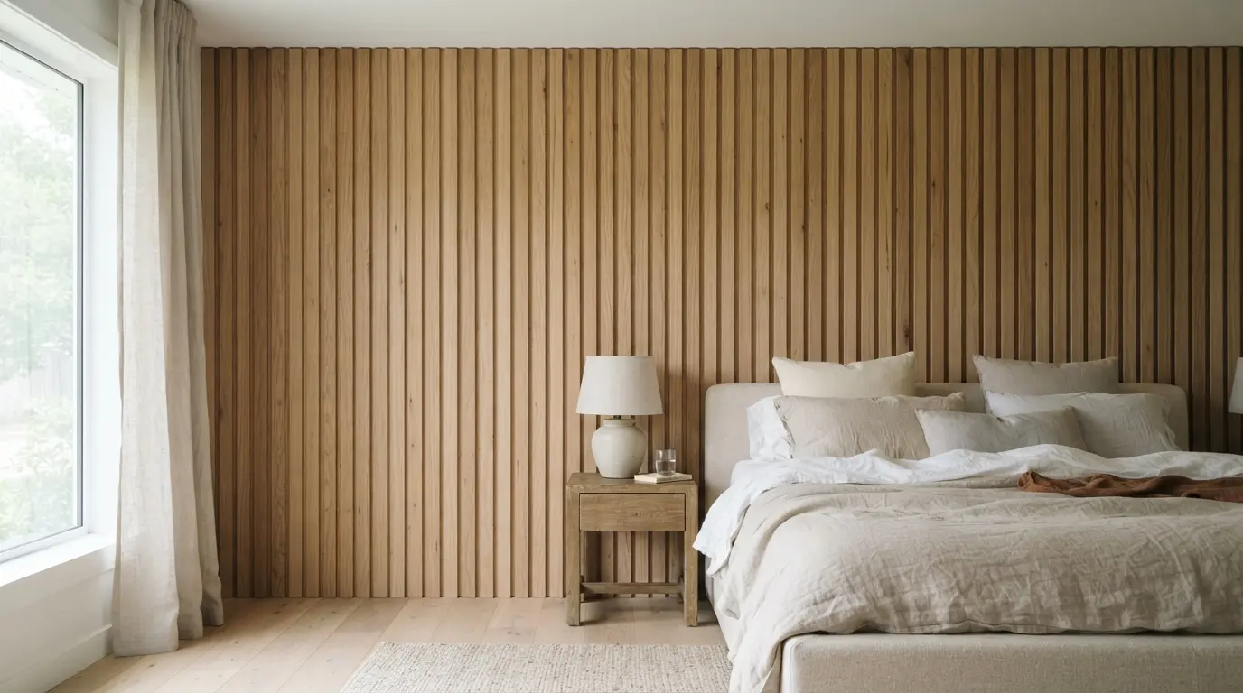 Full-height light oak slat panelling behind a bed as a Scandi-style headboard
