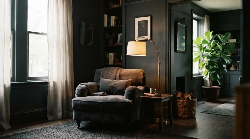 Fully dark charcoal living room with layered lighting and brass accents
