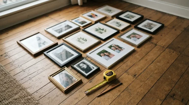 Gallery wall arrangement laid out on the floor before hanging in a living room