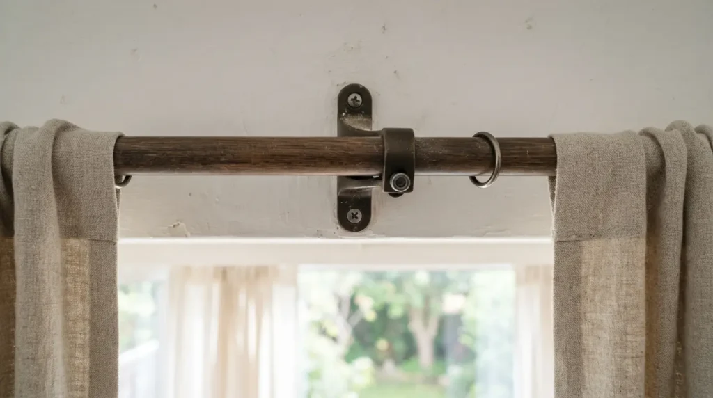 Central support bracket fitted midway along a wide curtain pole