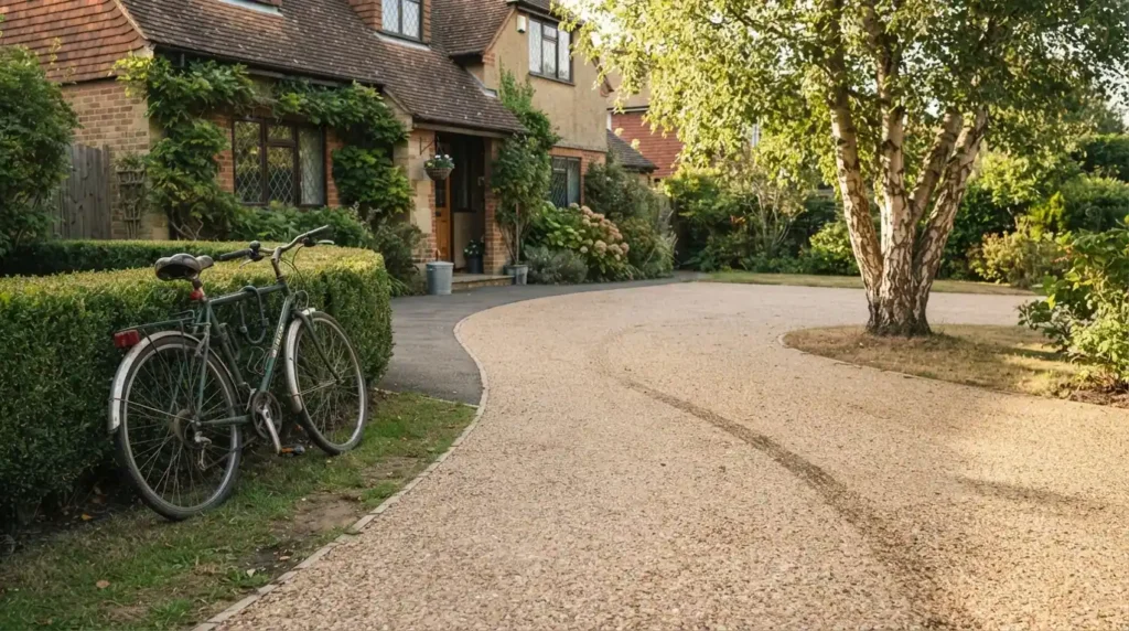 Front garden pathway bordered with brick edging leading to a period house entrance