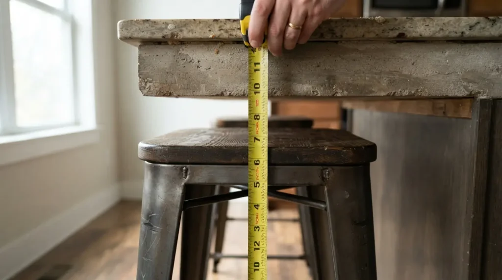 Measuring knee clearance between a bar stool seat and kitchen counter overhang