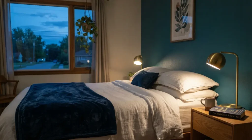 Tonal blue bedroom scheme with layered lighting and a wool throw