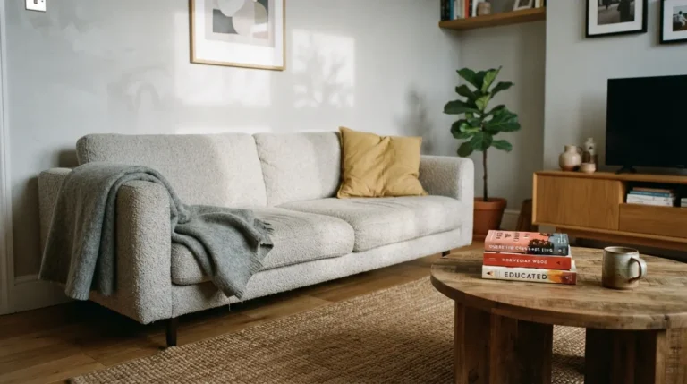Grey living room ideas with light grey walls and warm oak furniture