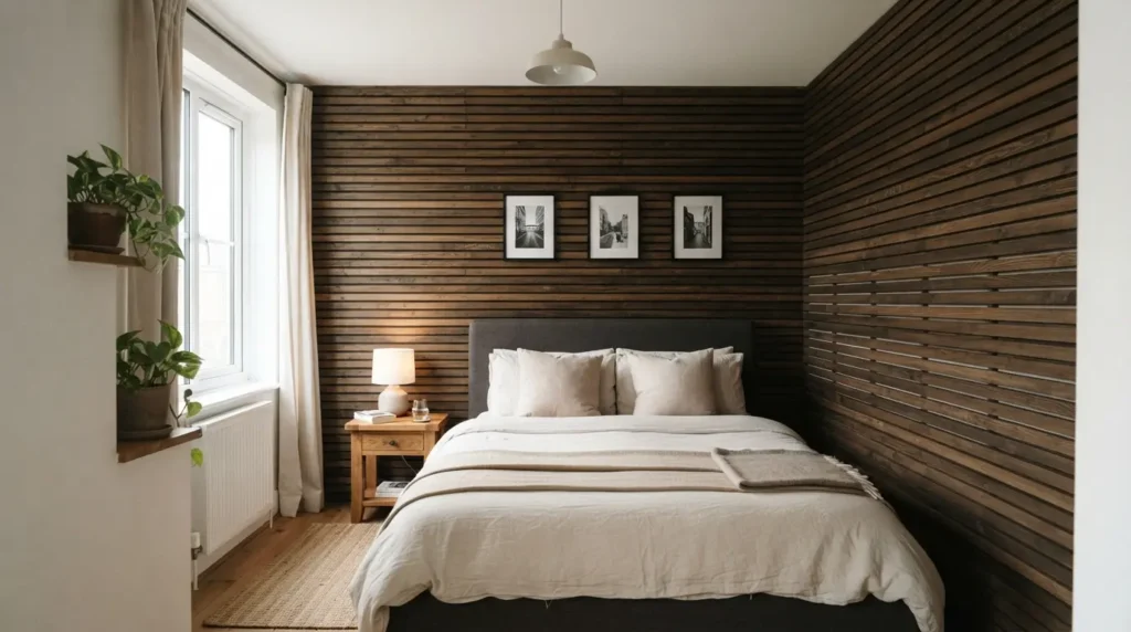 Horizontal slat panelling behind a bed widening a narrow bedroom