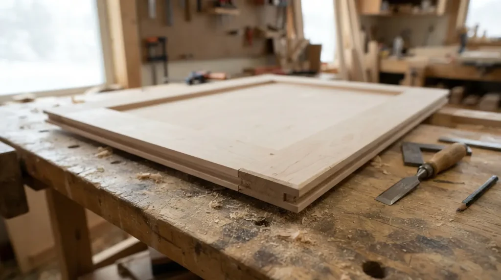 Close-up of a five-piece shaker cabinet door frame and centre panel