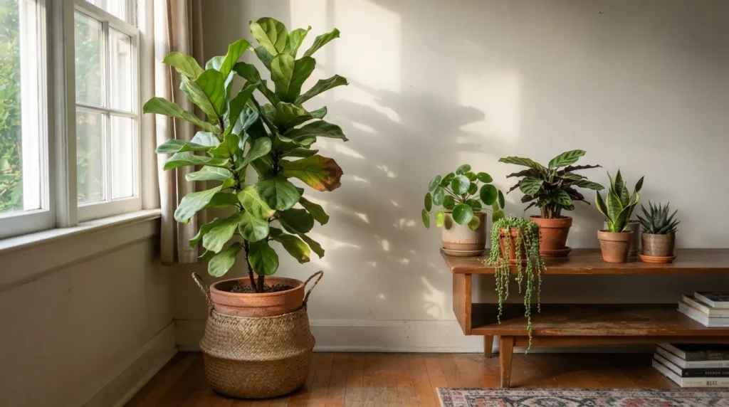 Small living room decorated on a budget with plants and floating shelves