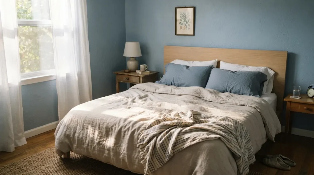 Bedroom colour psychology using soft blue tones with warm timber and linen textures