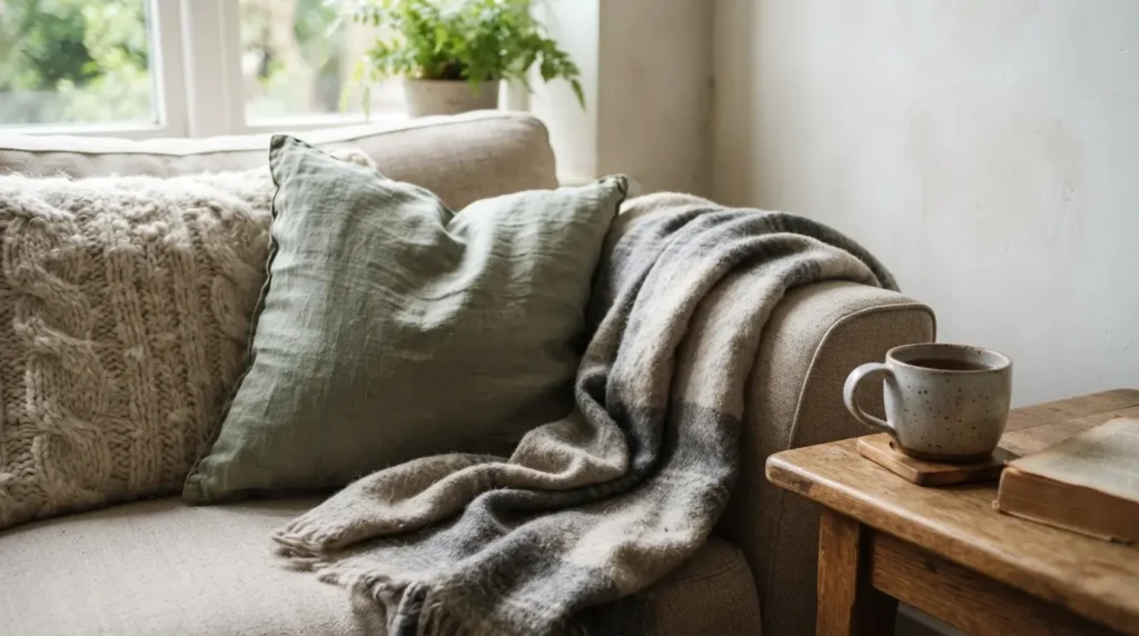 Budget living room styling with layered cushions and textured throws