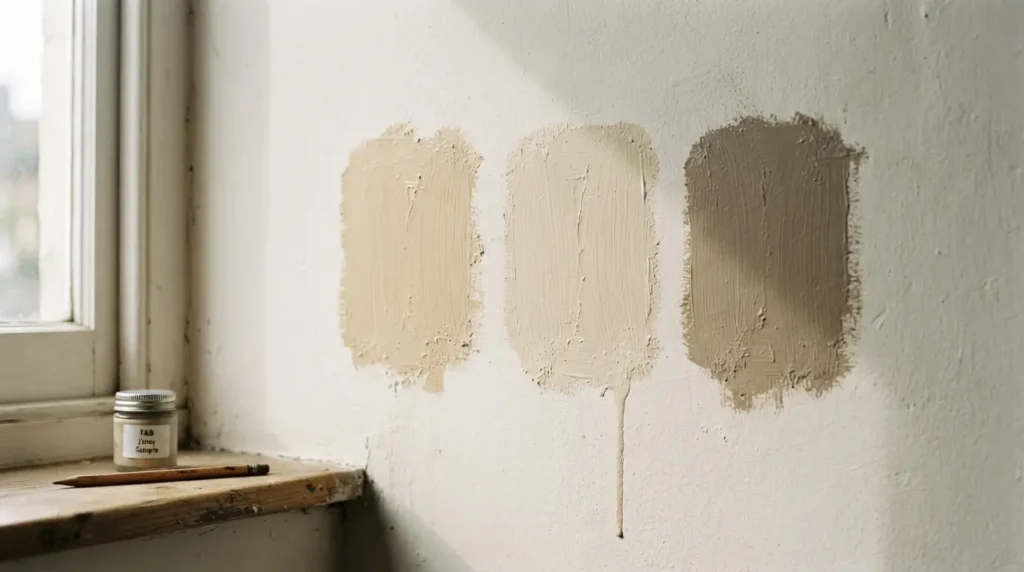 Testing paint colour swatches on a living room wall in natural daylight