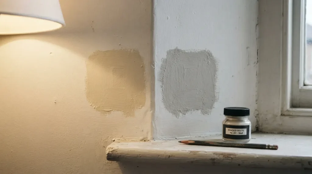 Testing colour psychology paint samples on a wall under natural daylight