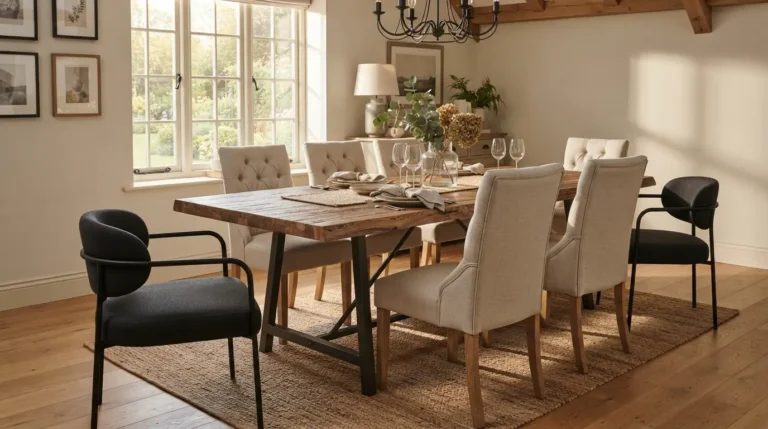 1. Person measuring the clearance between a dining chair seat and the underside of a wooden table apron