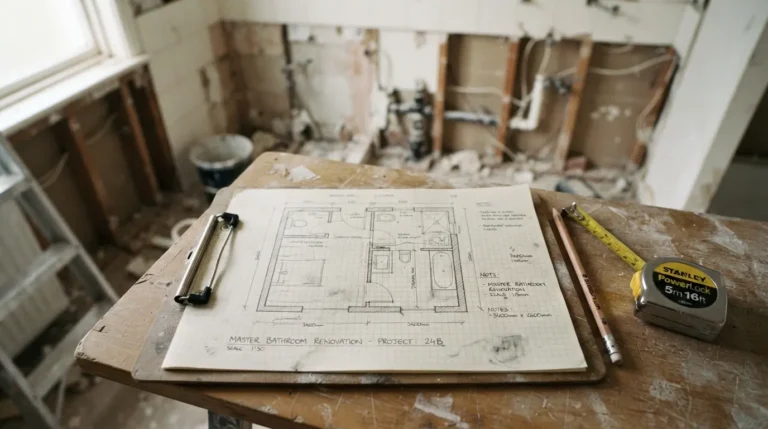 Bathroom floor plan sketch with fixture positions marked before renovation