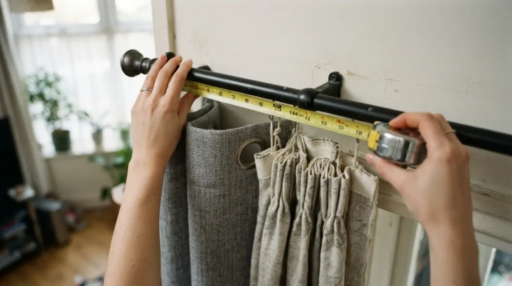 Interior designer measuring curtain fabric width and drop before installation. 