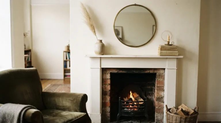 1. How to style a fireplace mantel with a round mirror and layered decor