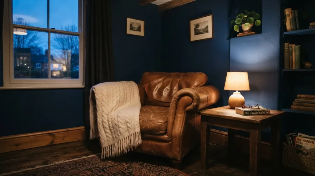 Deep indigo blue snug with warm wood accents and soft textiles