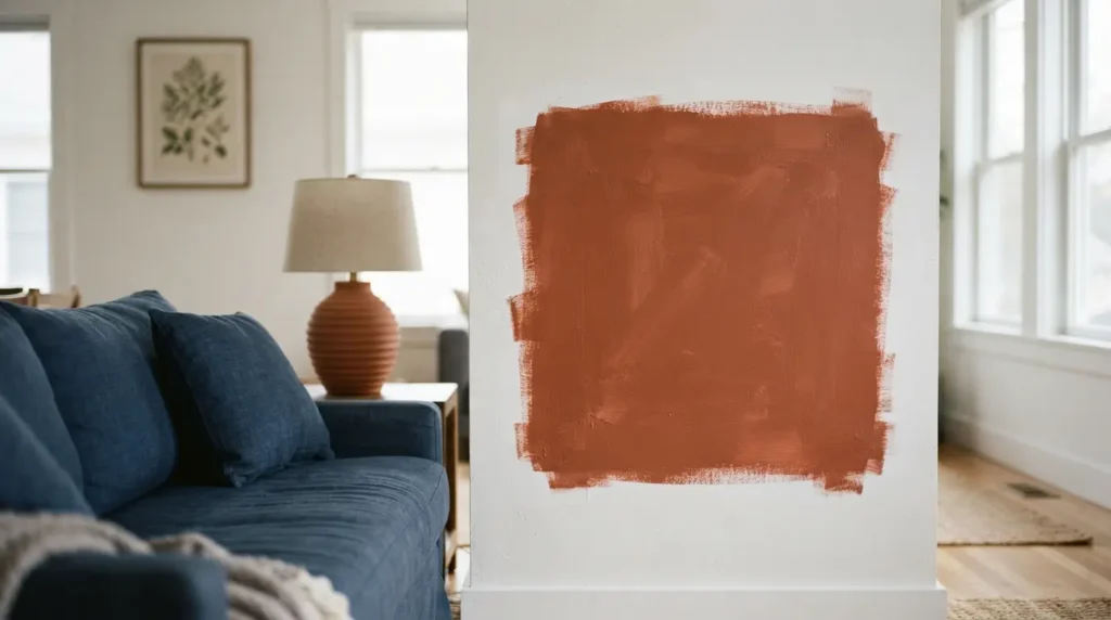 Large paint test swatch on a primed wall next to coordinating furniture colours