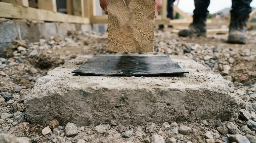 Concrete pad footings with damp-proof material for a decking sub-frame
