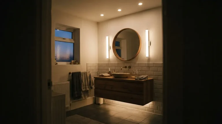 Layered bathroom lighting with vertical mirror lights and warm ambient glow