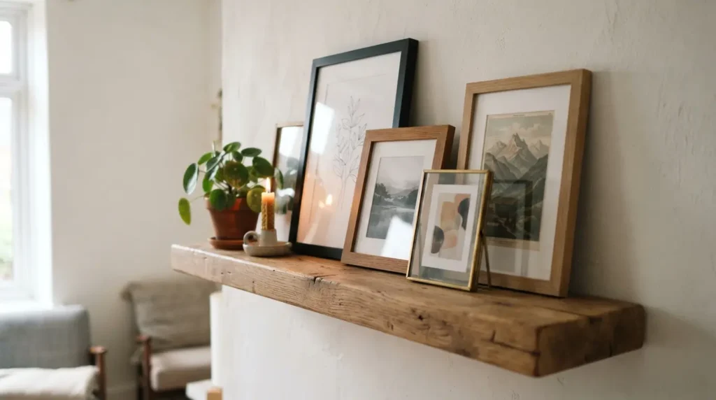 Leaning shelf gallery wall with layered framed art in a living room