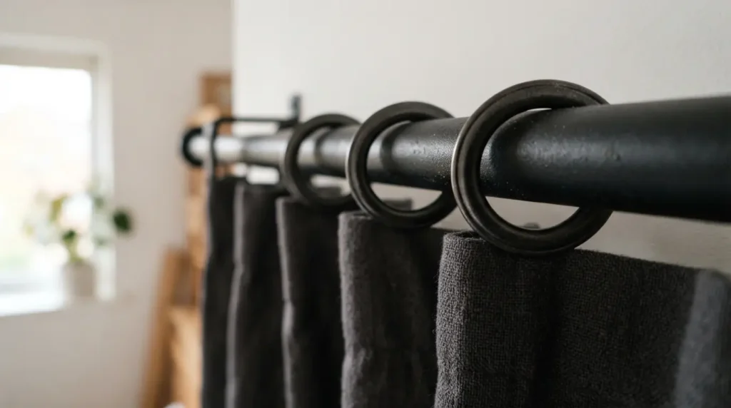 Eyelet curtain rings threaded directly onto a curtain pole