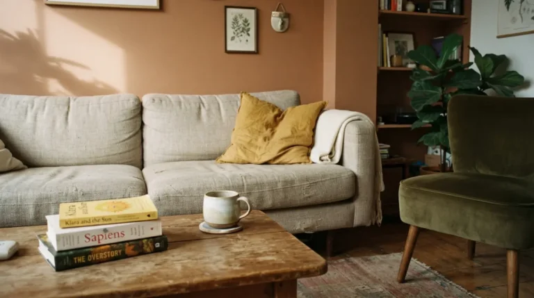 1. Living room colour scheme with warm terracotta walls and layered textiles