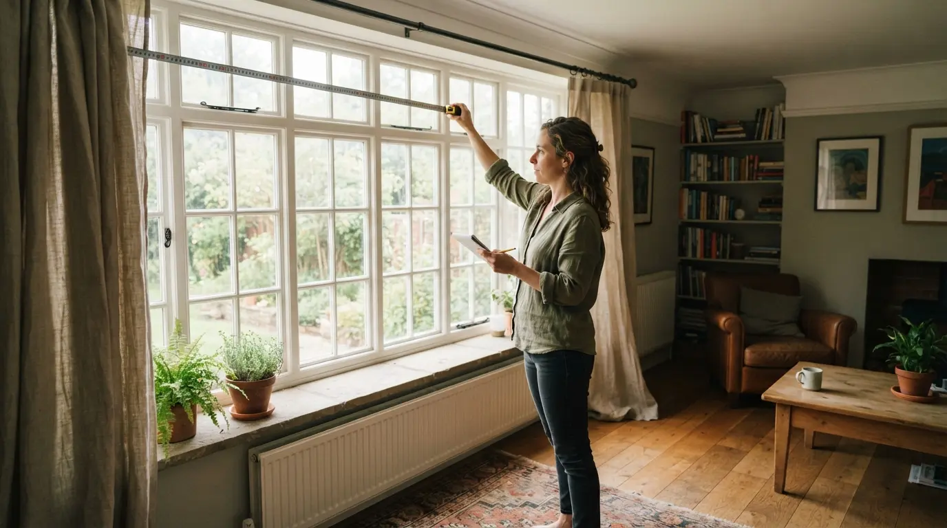 1. Measuring a living room window for curtains using a tape measure and curtain pole.