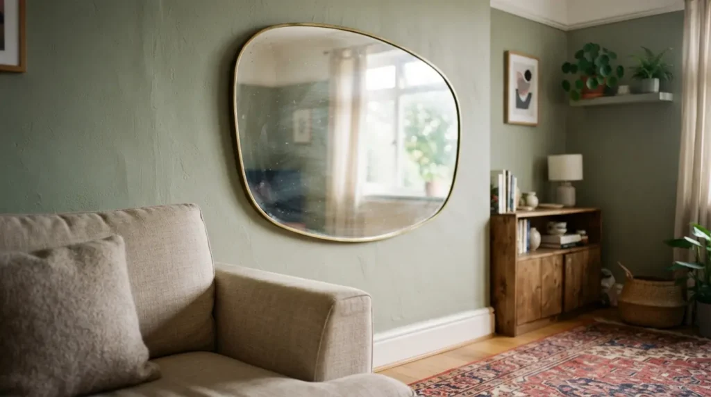 Limewash textured feature wall finish behind a living room sofa