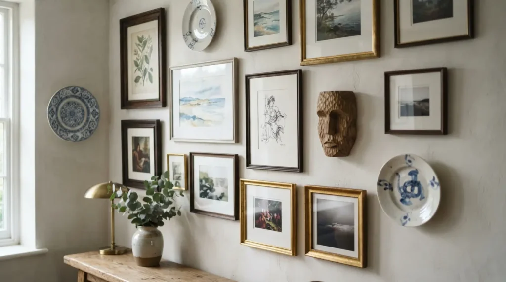 Mixed Media Wall Combining Art, Objects, and Plates