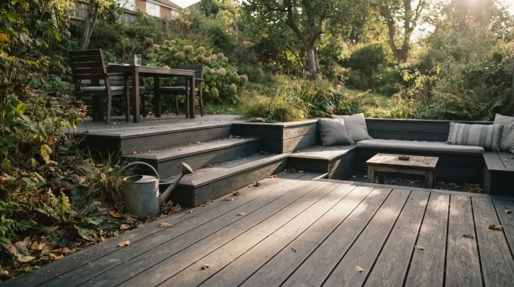 Multi-level charcoal composite garden deck with built-in seating and pergola shade area