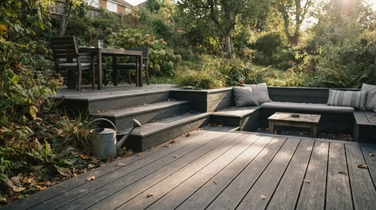 Multi-level charcoal composite garden deck with built-in seating and pergola shade area