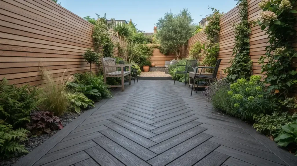 Narrow Garden Deck with a Diagonal or Herringbone Board Layout
