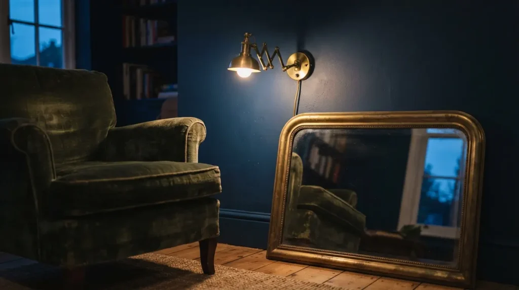 Navy blue living room colour scheme with brass lighting accents