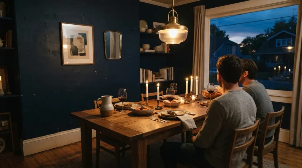 Navy dining room walls with warm layered lighting in the evening