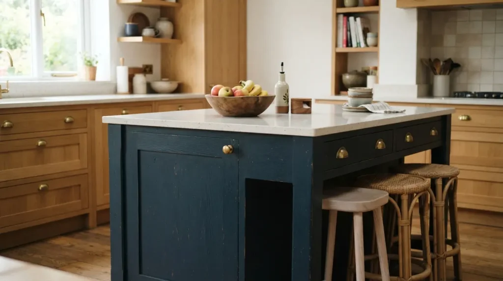 Navy blue kitchen island cabinetry with brass hardware and a light stone worktop