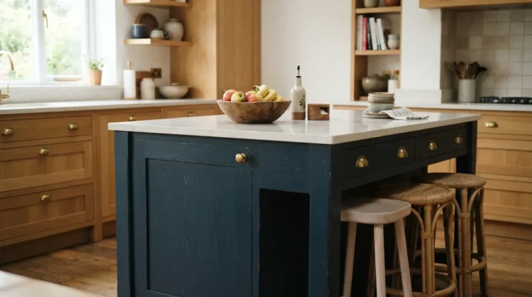 Navy blue kitchen island cabinetry with brass hardware and a light stone worktop