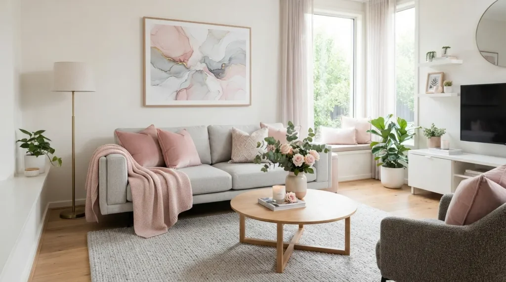 Olive green and rust living room colour scheme with layered textures