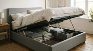 Ottoman bed lifted open showing hidden storage compartment in a bedroom
