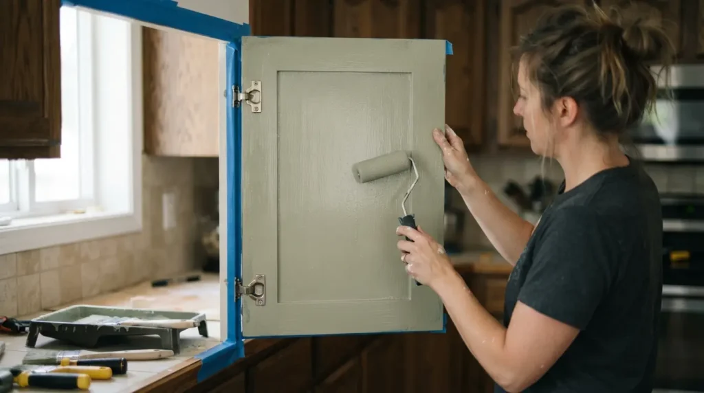 Painting a kitchen cabinet door in place without removing it from the hinges