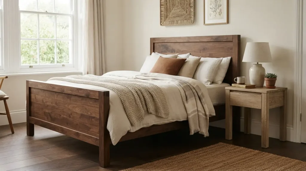 Dark and light wood bed and bedside tables paired for contrast and warmth