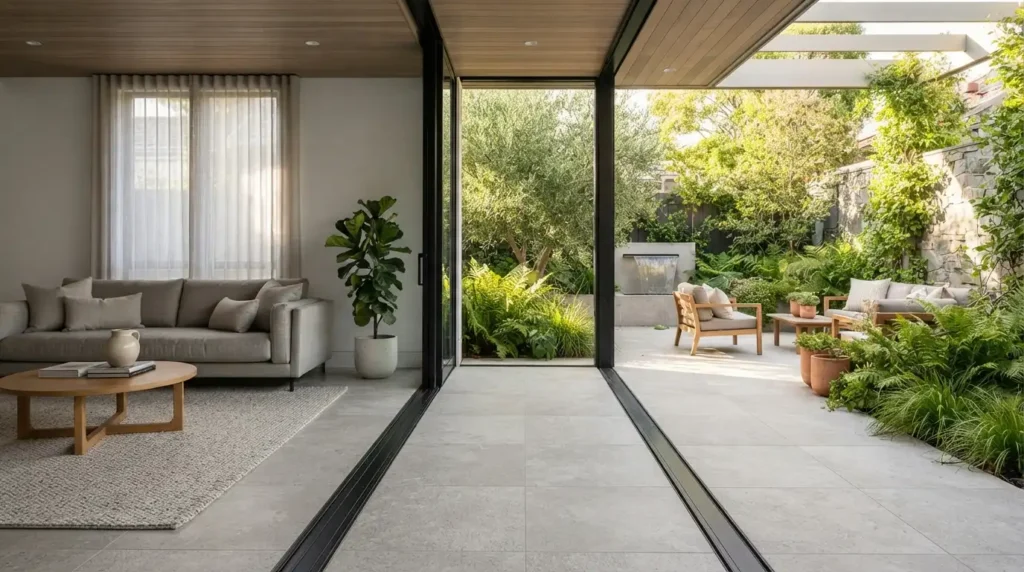 Pair Sliding Doors With Matching Decking or Paving