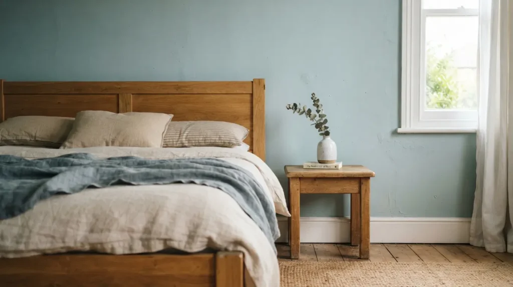 Pale duck-egg blue bedroom wall with warm wood furniture and natural light