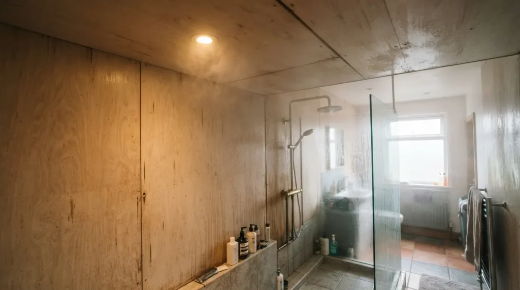 Bathroom ceiling panelled to match the shower wall finish