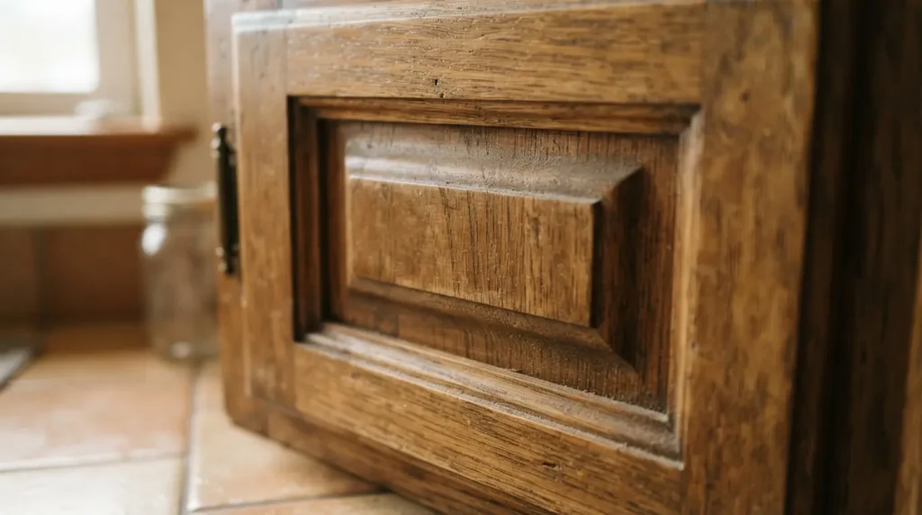 Raised panel cabinet door showing dust collected in the grooves