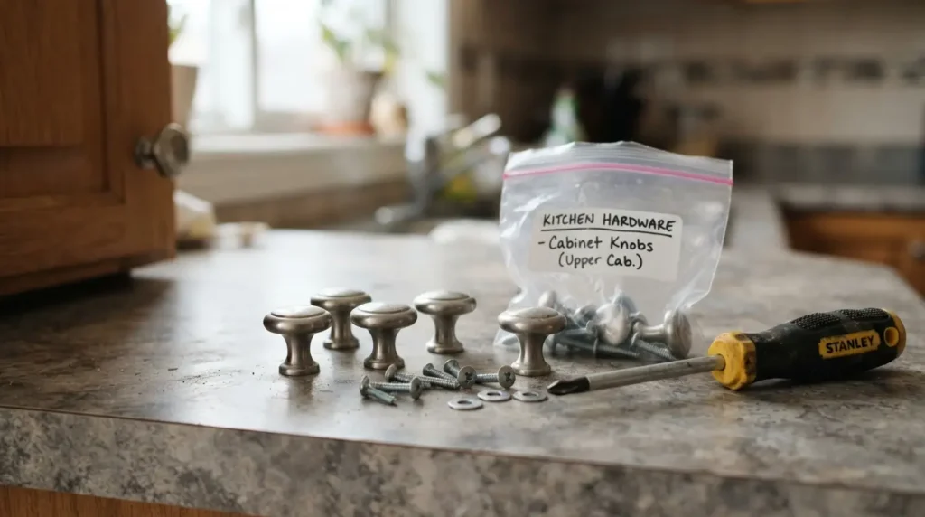 Cabinet hardware and screws removed and organised in labelled bags before painting