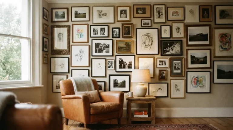 Salon-style gallery wall filling a large blank living room wall