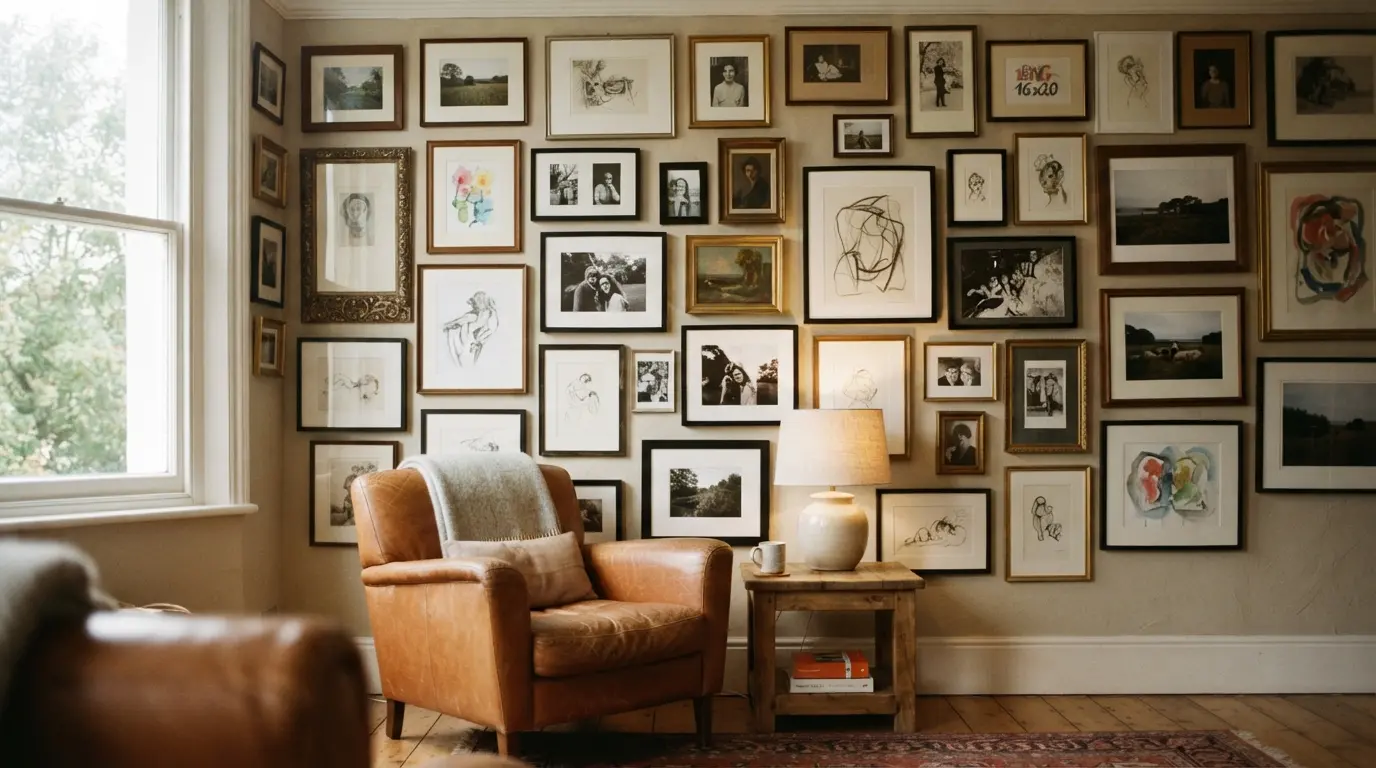 Salon-style gallery wall filling a large blank living room wall