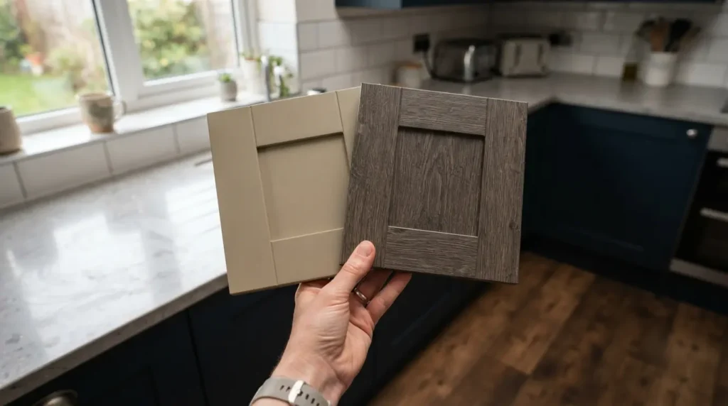 Sample kitchen cabinet door panels held against a worktop and flooring